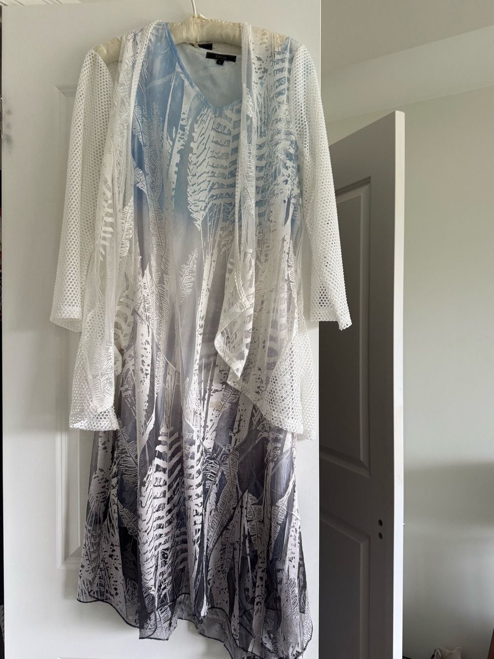 Cativa Blue and Gray Printed Midi Dress with White Mesh Cardigan